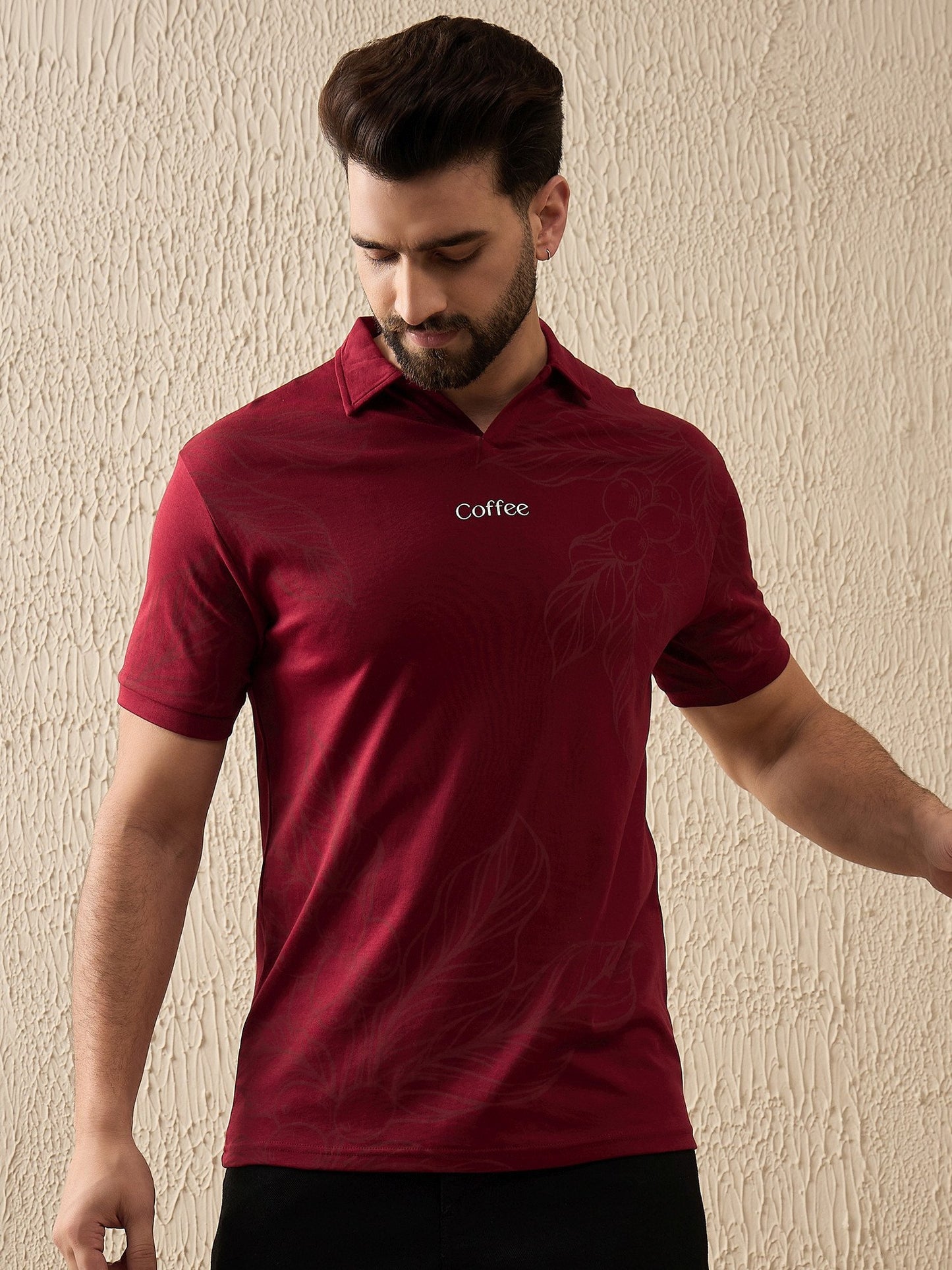 Luxurious Botanical Brew Polo – Coffee-Inspired Art (Maroon)