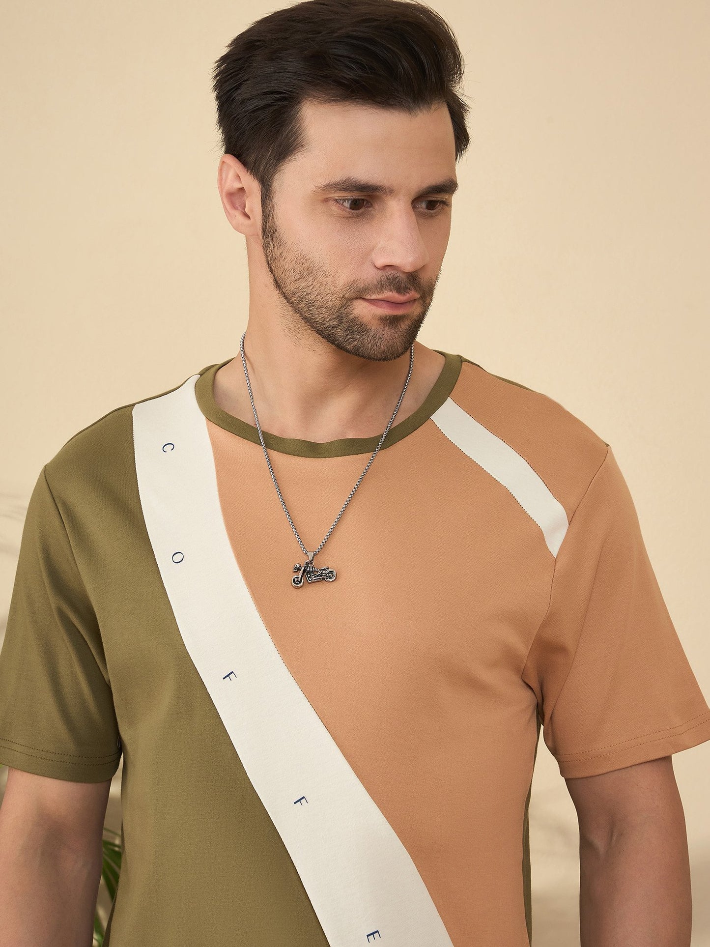 Olive green and beige crew neck t-shirt blending comfort with coffee-inspired tones