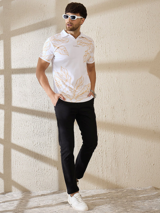 Luxurious Botanical Brew Polo – Coffee-Inspired Art (White)
