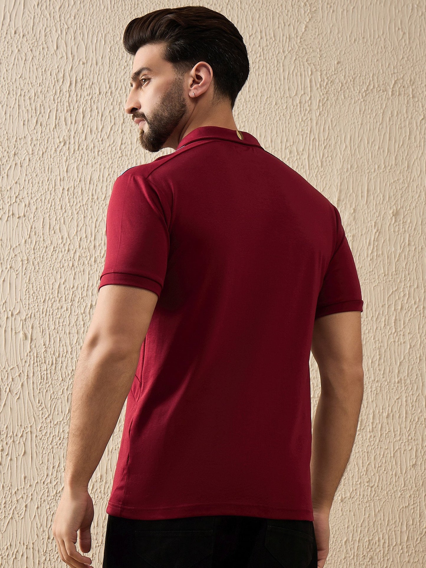 Premium Maroon Polo with Contrast Shoulder Stripe – Sharp, Sporty & Brewed to Stand Out