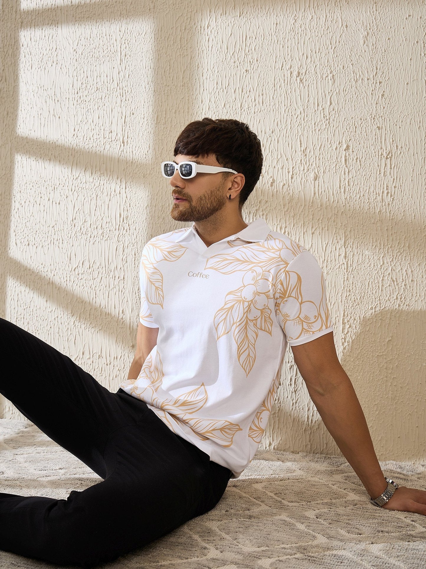 Luxurious Botanical Brew Polo – Coffee-Inspired Art (White)