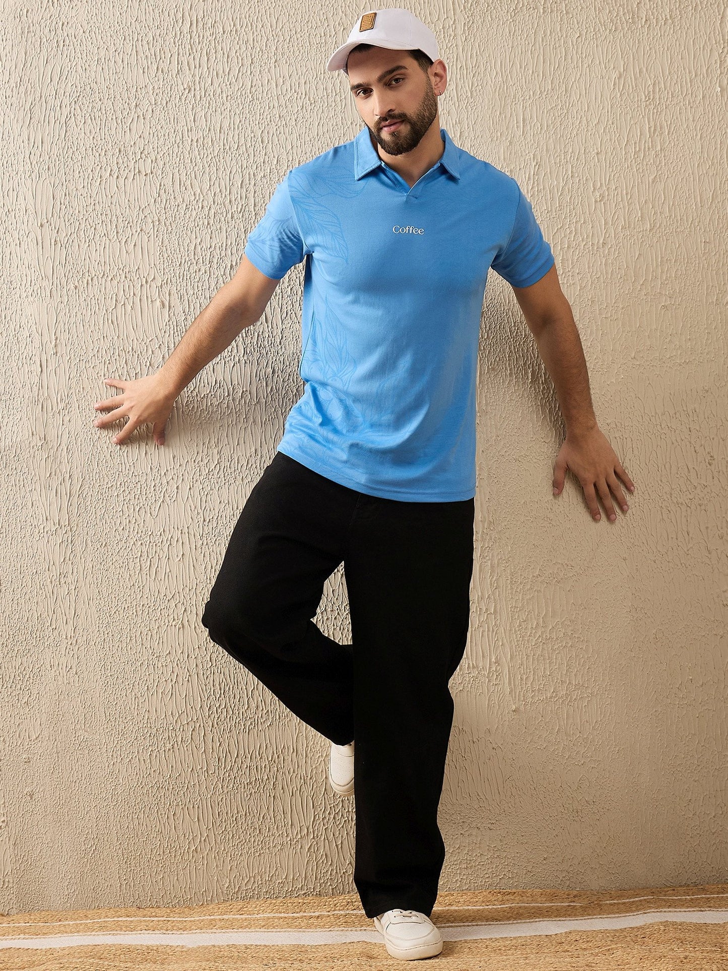 Luxurious Botanical Brew Polo – Coffee-Inspired Art (Blue)