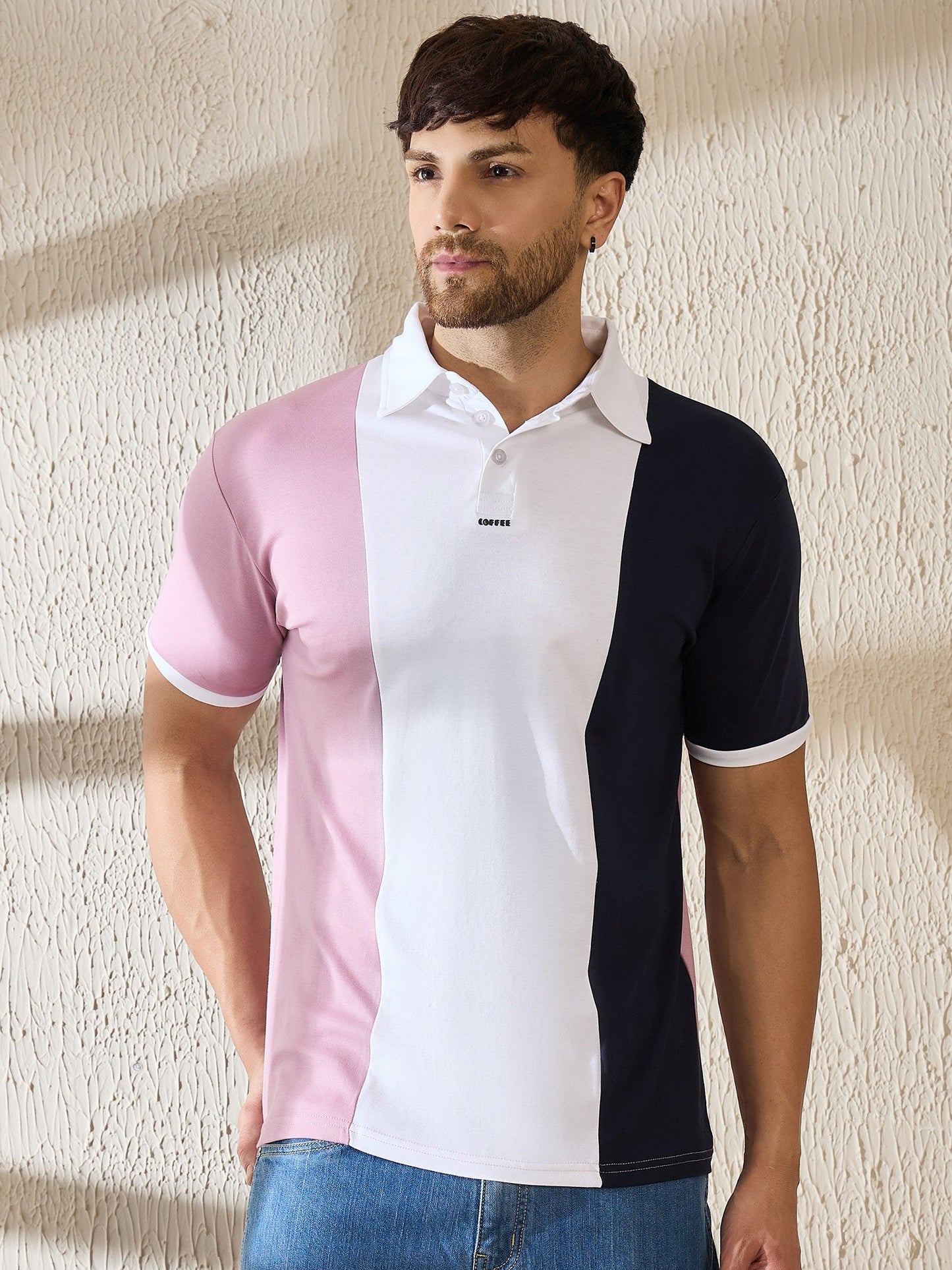 Lilac, white, and navy triple-tone polo shirt with contemporary coffee culture styling