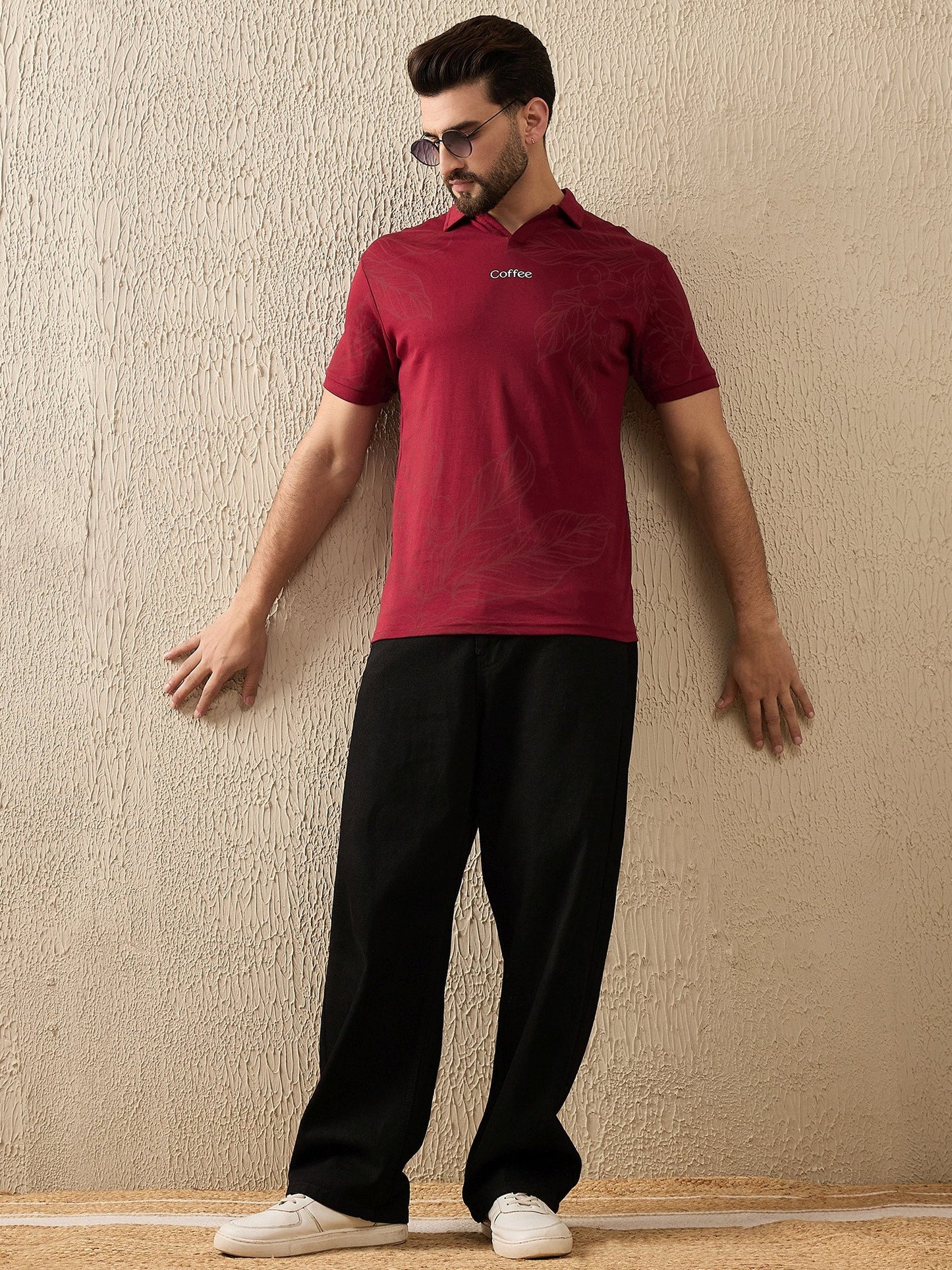 Luxurious Botanical Brew Polo – Coffee-Inspired Art (Maroon)