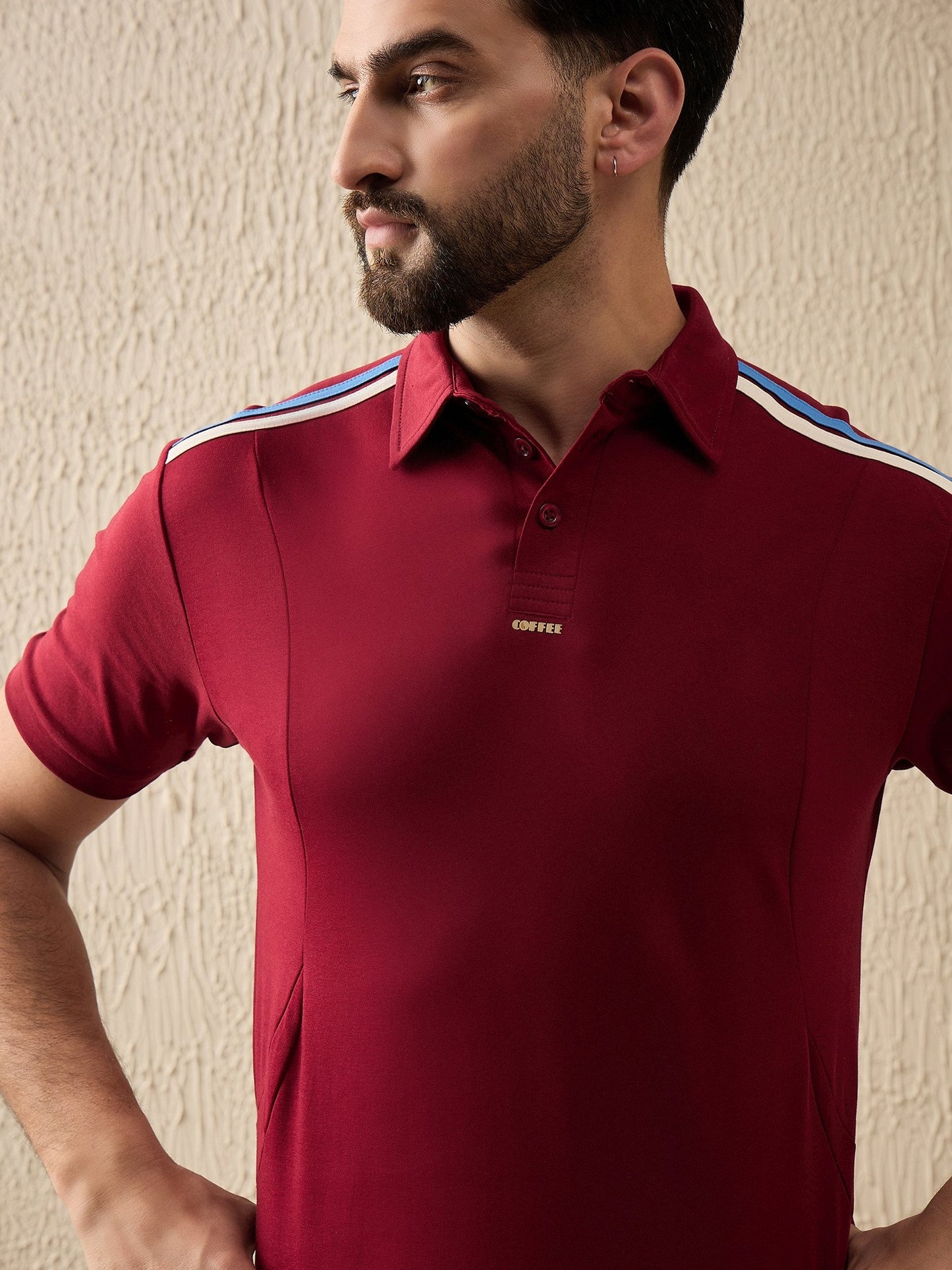 Premium Maroon Polo with Contrast Shoulder Stripe – Sharp, Sporty & Brewed to Stand Out