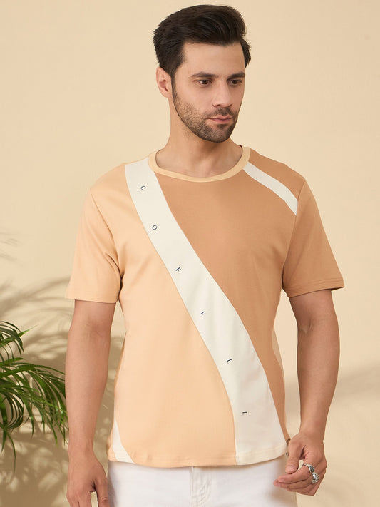 Solid beige crew neck t-shirt designed for everyday ease with a coffee-culture vibe