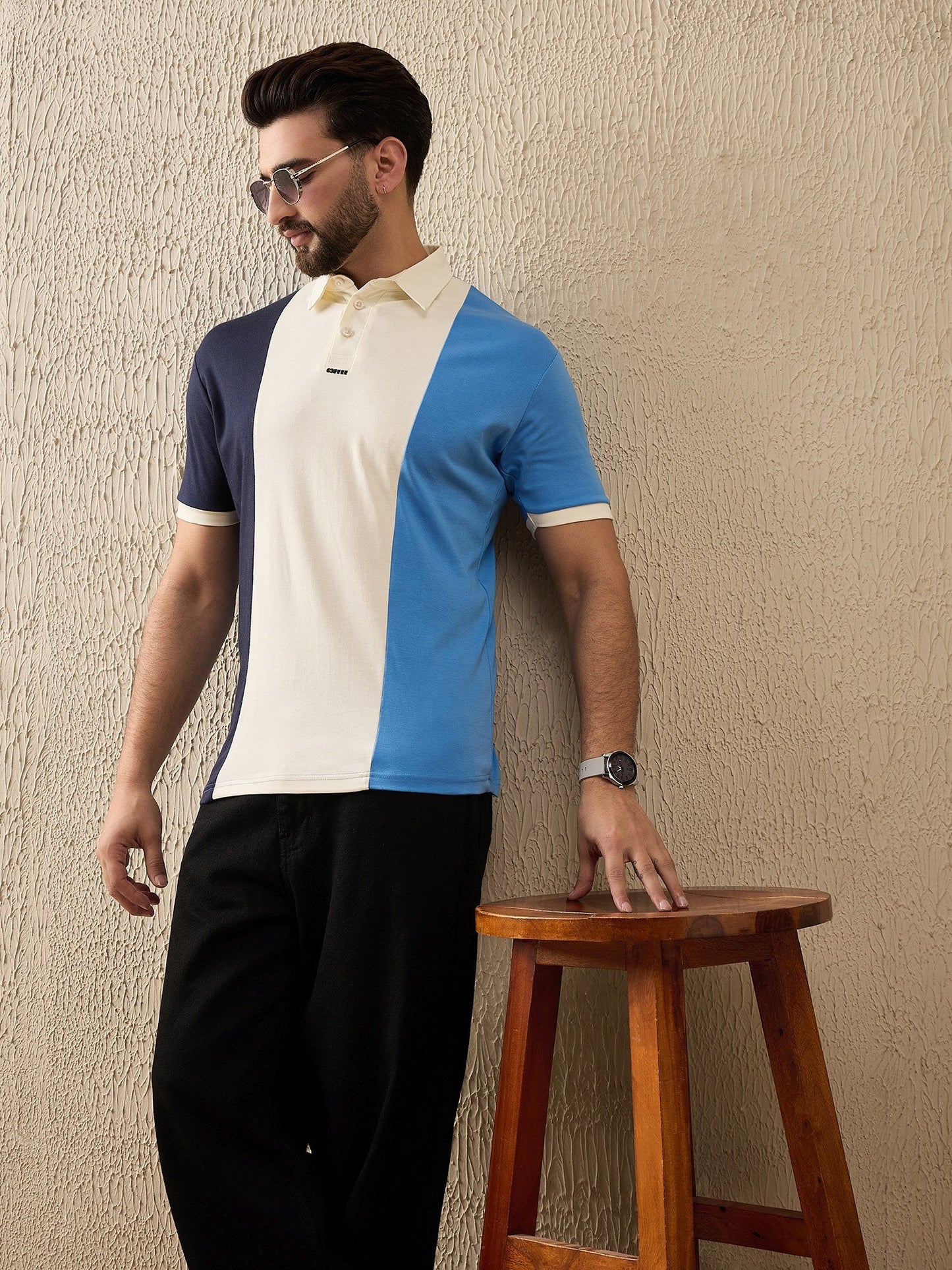 Premium Triple-Tone Polo – Bold Contrast for Coffee-Lovers (Navy-Beige-Sky)