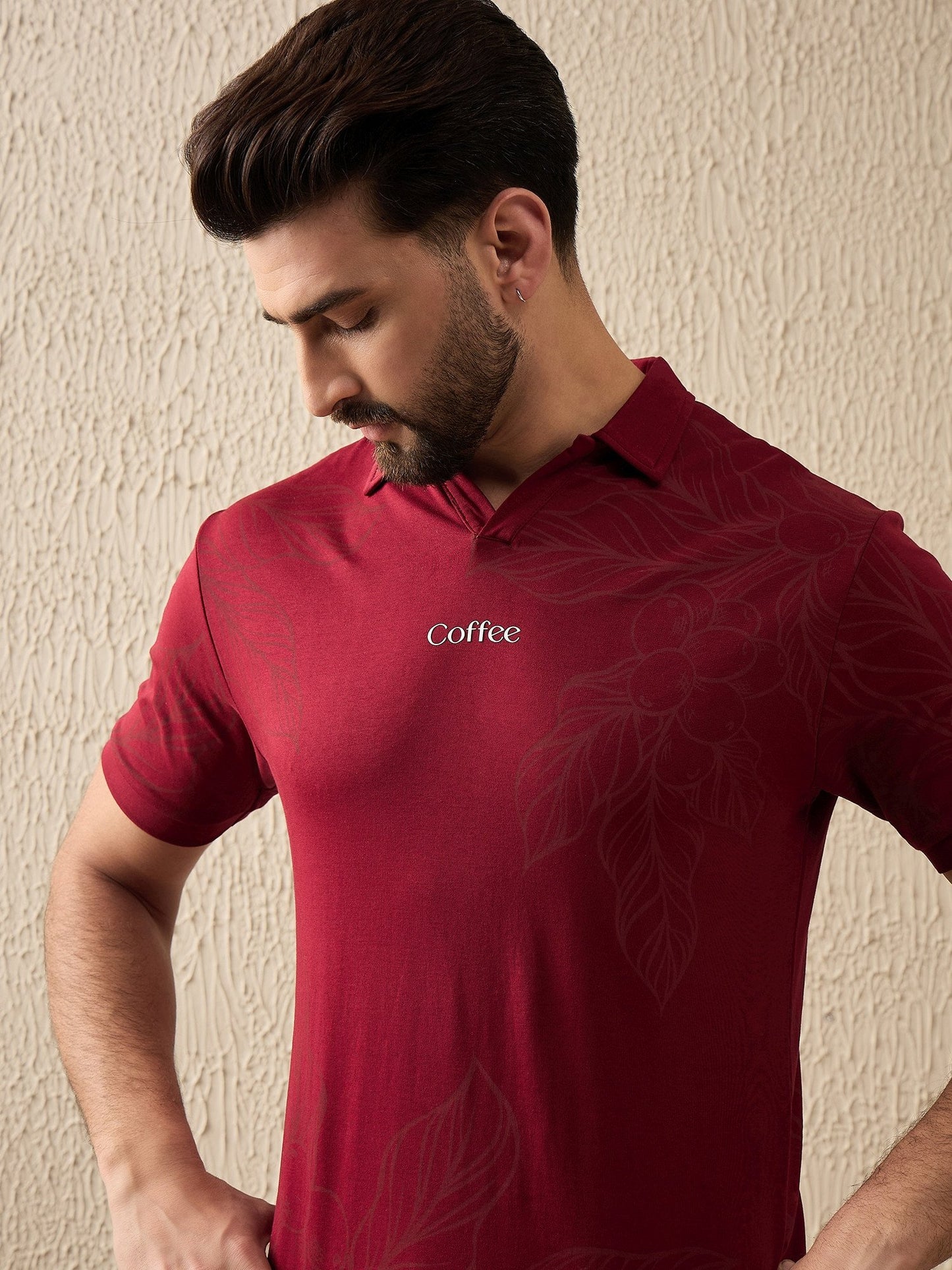 Luxurious Botanical Brew Polo – Coffee-Inspired Art (Maroon)