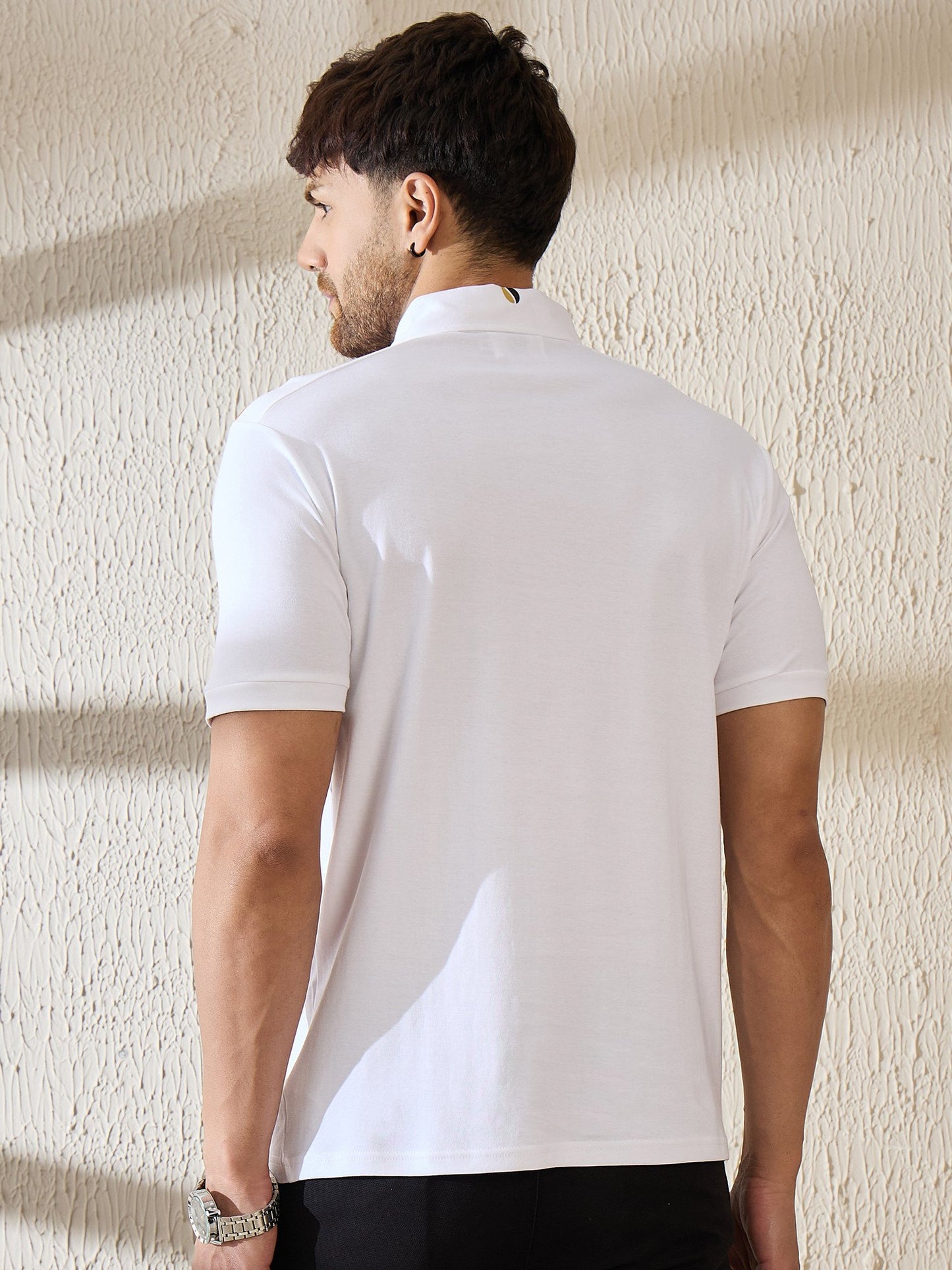Premium White Polo with Contrast Shoulder Stripe – Sharp, Sporty & Brewed to Stand Out