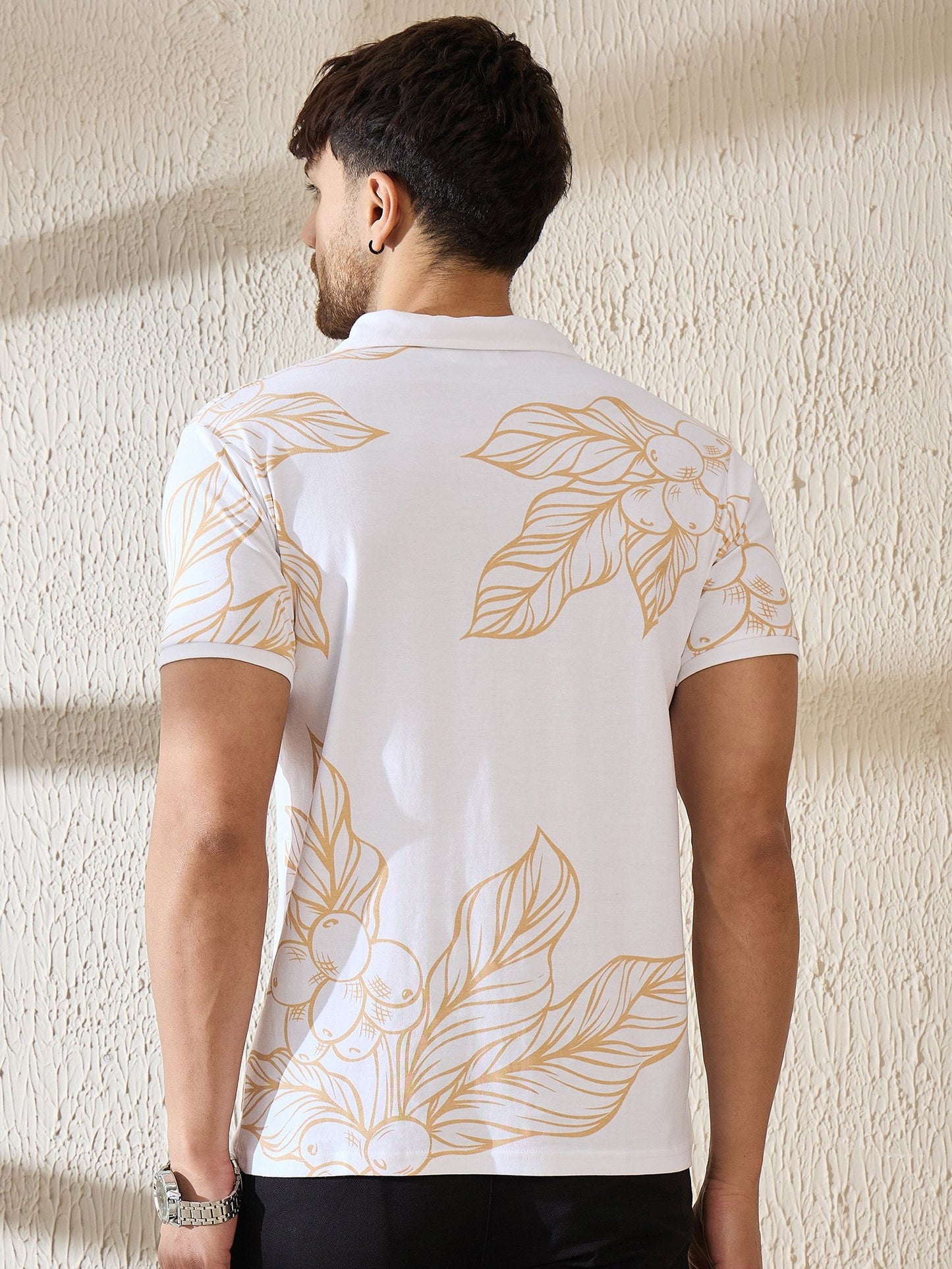 Luxurious Botanical Brew Polo – Coffee-Inspired Art (White)