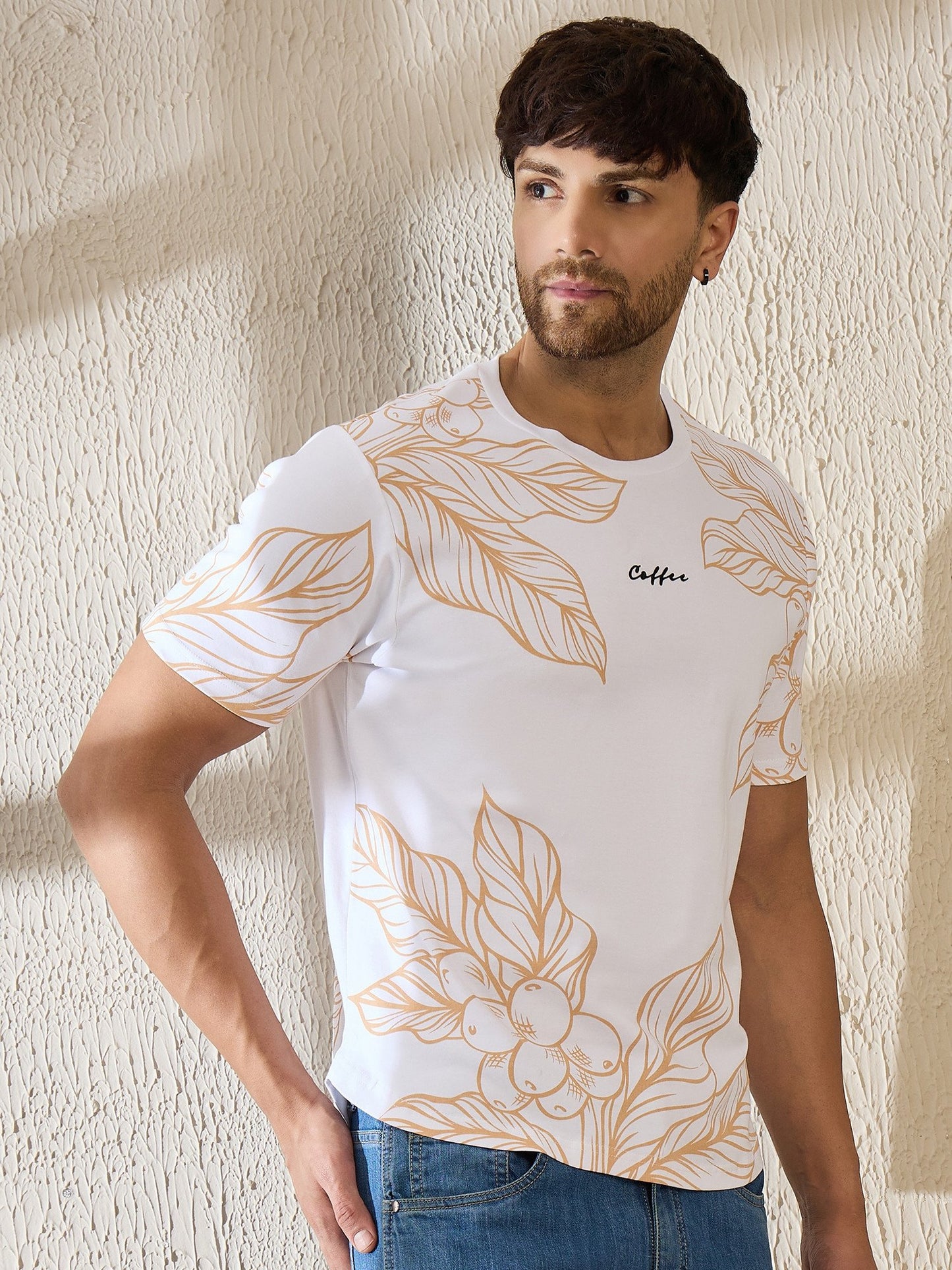 White premium t-shirt with detailed coffee plant botanical illustration