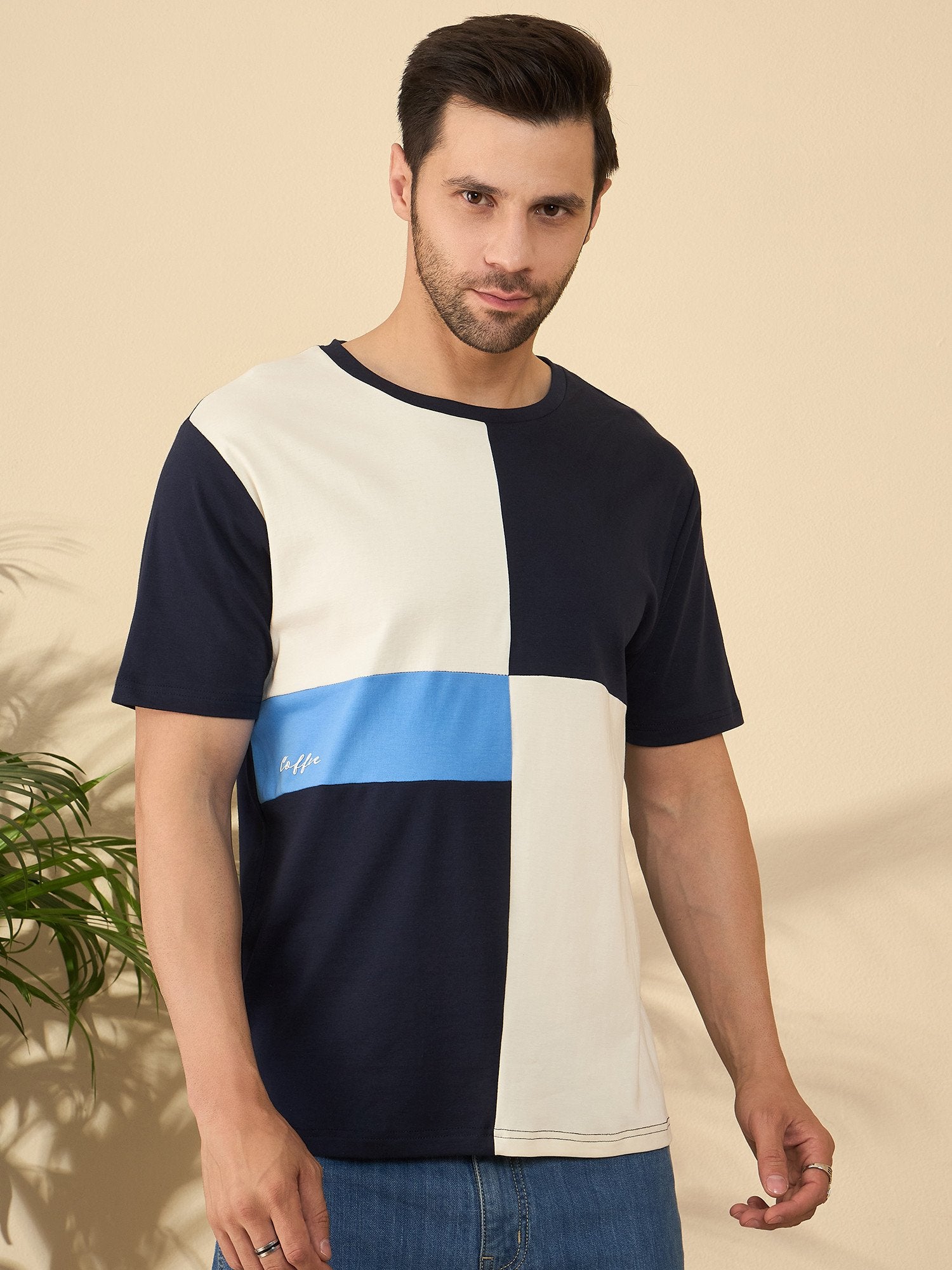 Navy blue panel t-shirt with bold signature roast graphic for coffee lovers