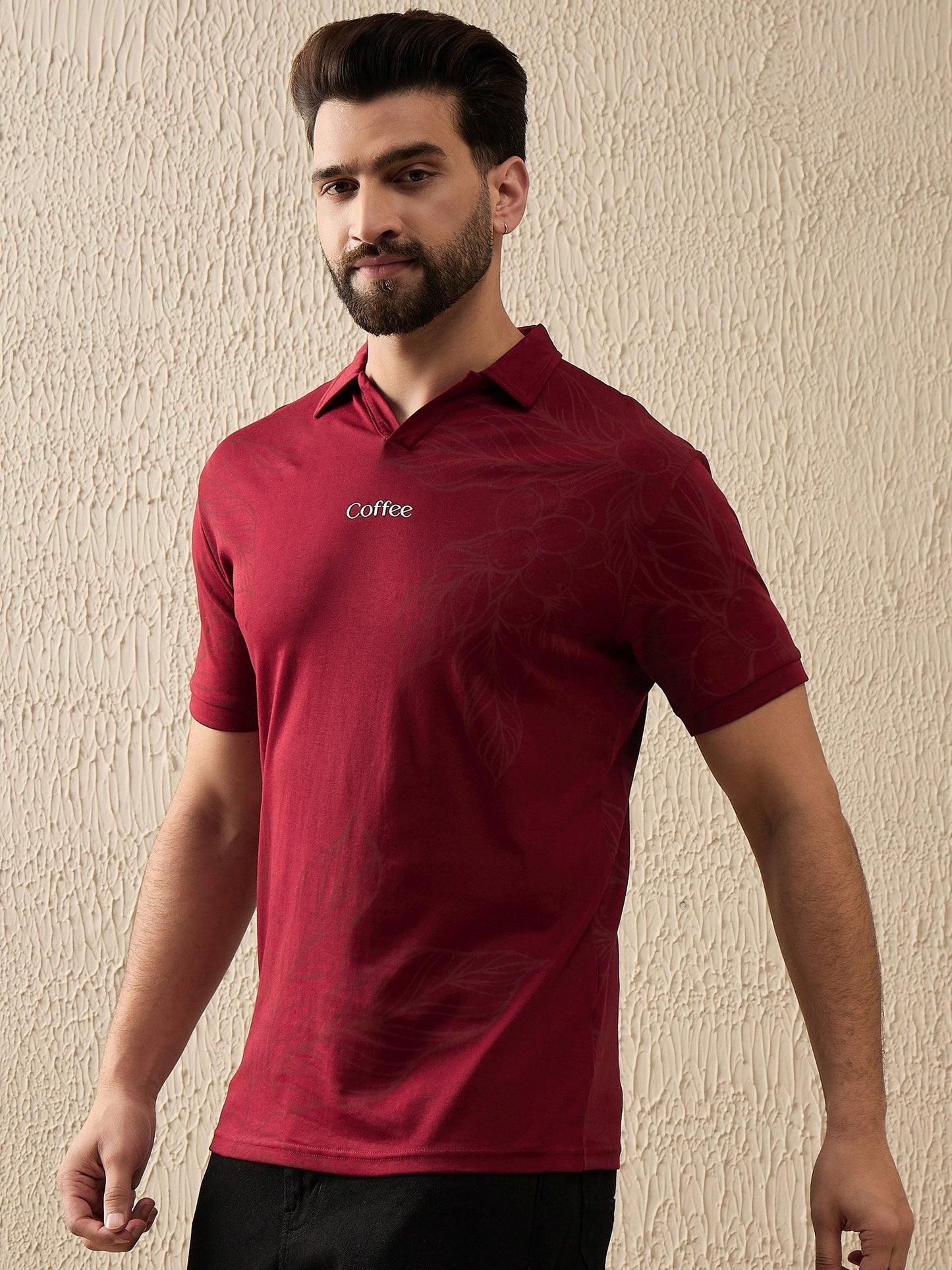 Maroon polo with subtle botanical coffee plant detailing