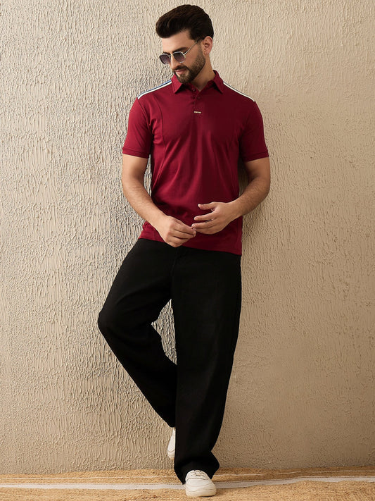 Premium Maroon Polo with Contrast Shoulder Stripe – Sharp, Sporty & Brewed to Stand Out