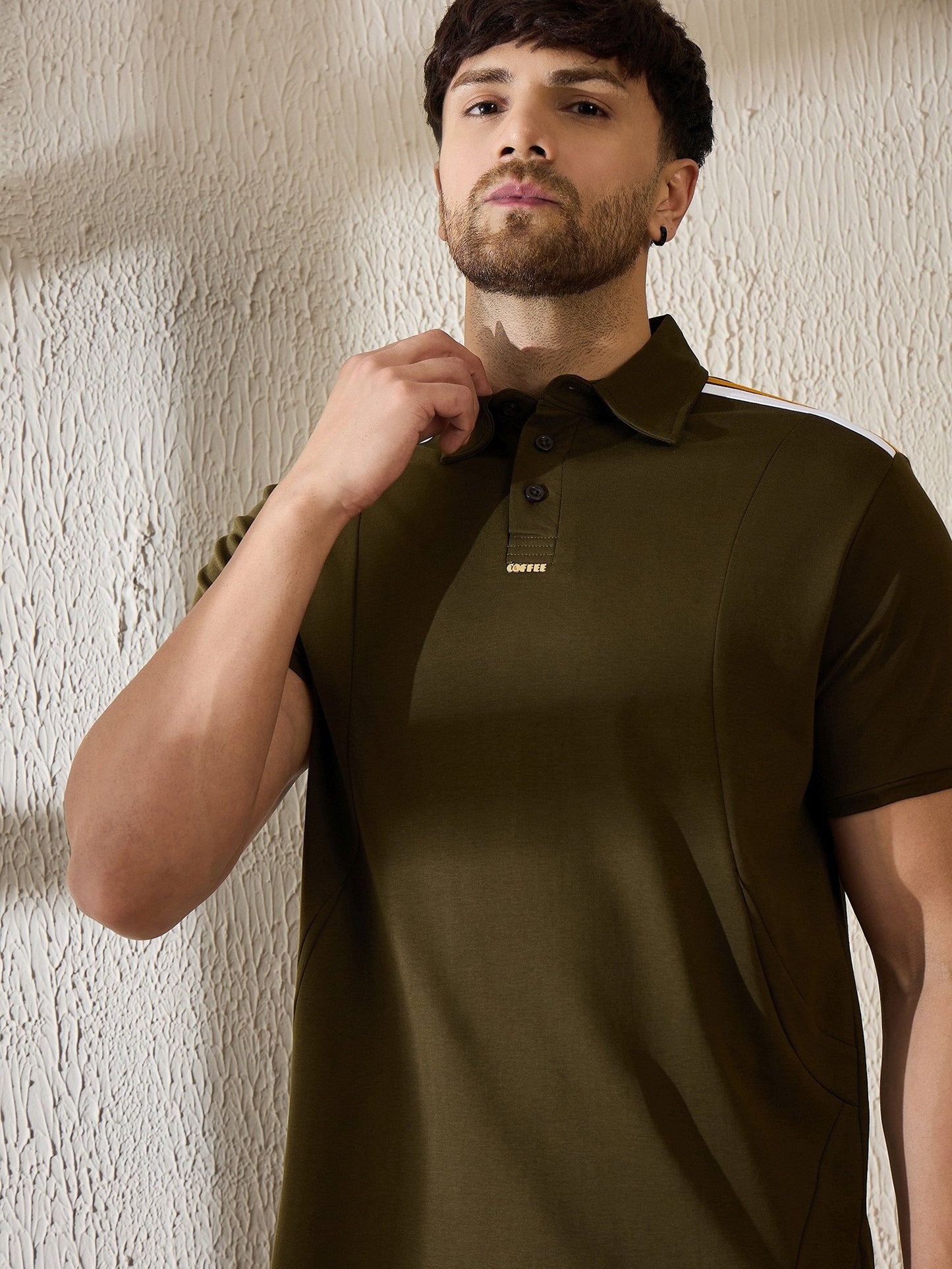 Premium Olive Polo with Contrast Shoulder Stripe – Sharp, Sporty & Brewed to Stand Out