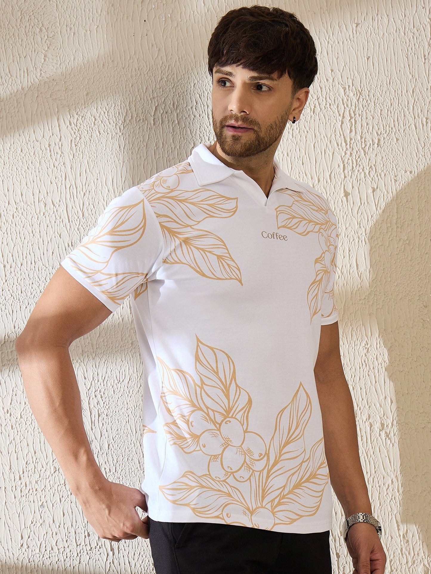 Luxurious Botanical Brew Polo – Coffee-Inspired Art (White)