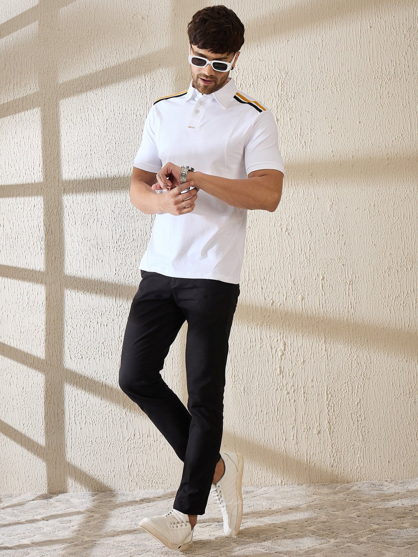 Premium White Polo with Contrast Shoulder Stripe – Sharp, Sporty & Brewed to Stand Out