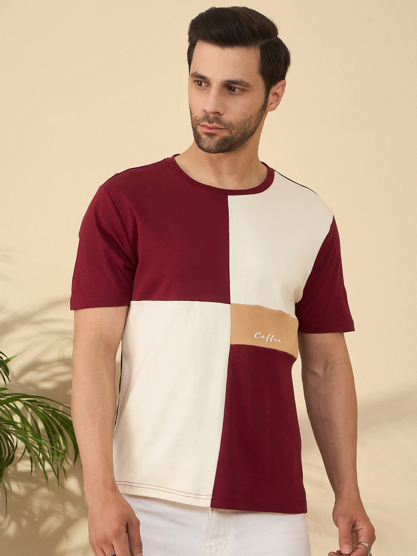 Maroon panel t-shirt featuring signature roast design inspired by coffee culture