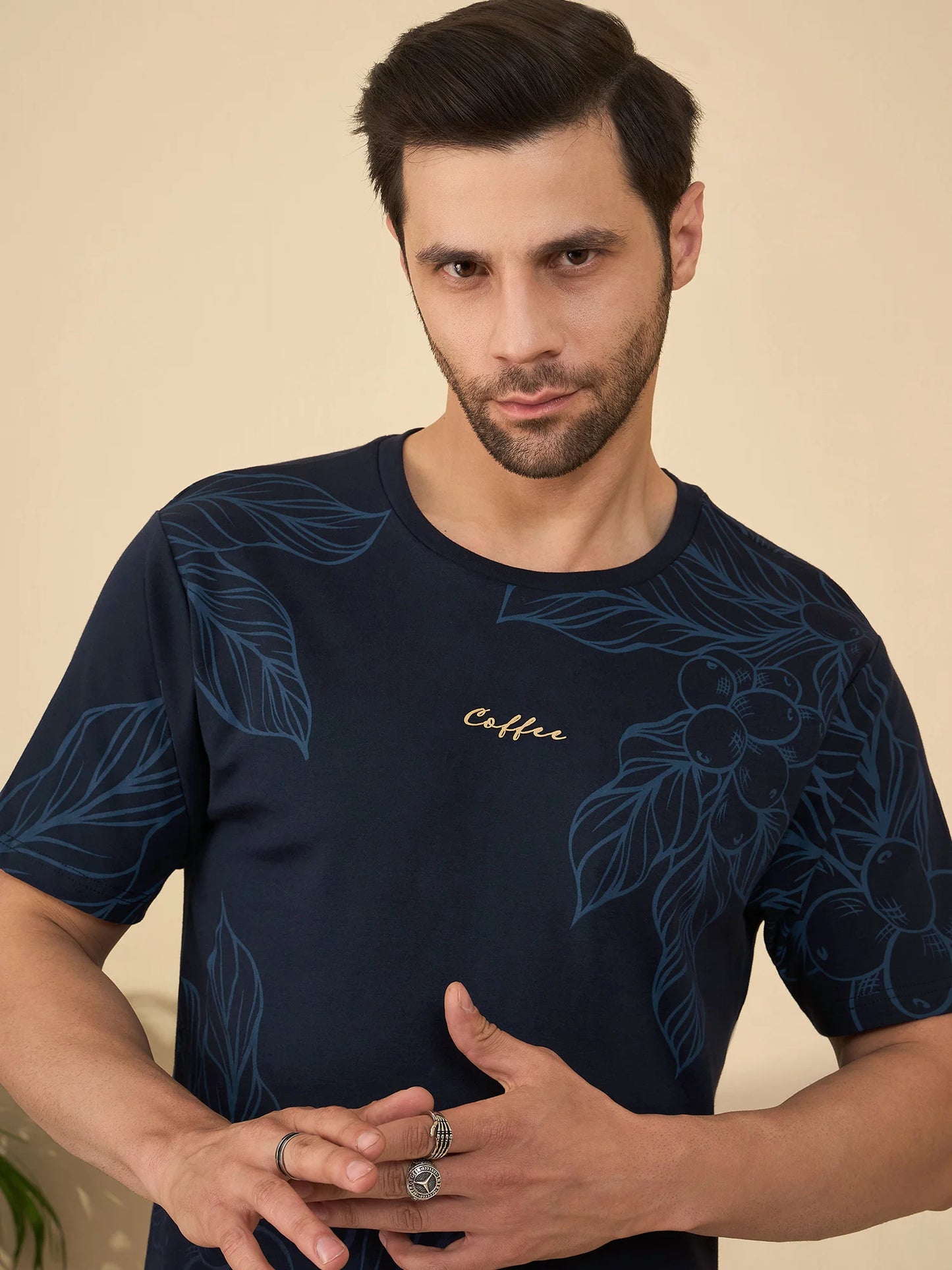 Premium Botanical Brew T-Shirt – Coffee Plant Art, Elevated Style (Navy)