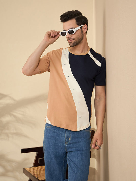 Black and beige crew neck t-shirt featuring soft fabric and subtle color contrast