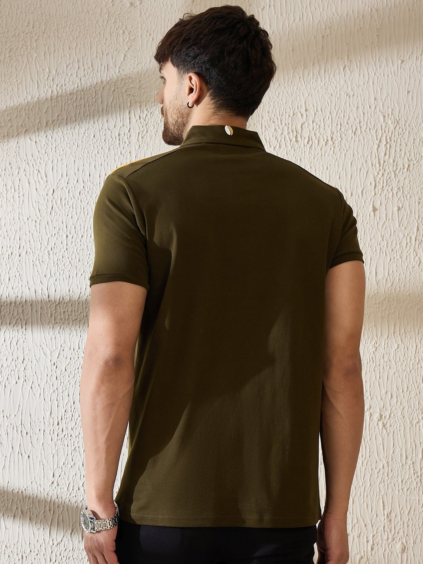 Premium Olive Polo with Contrast Shoulder Stripe – Sharp, Sporty & Brewed to Stand Out
