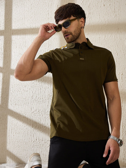 Premium Olive Polo with Contrast Shoulder Stripe – Sharp, Sporty & Brewed to Stand Out