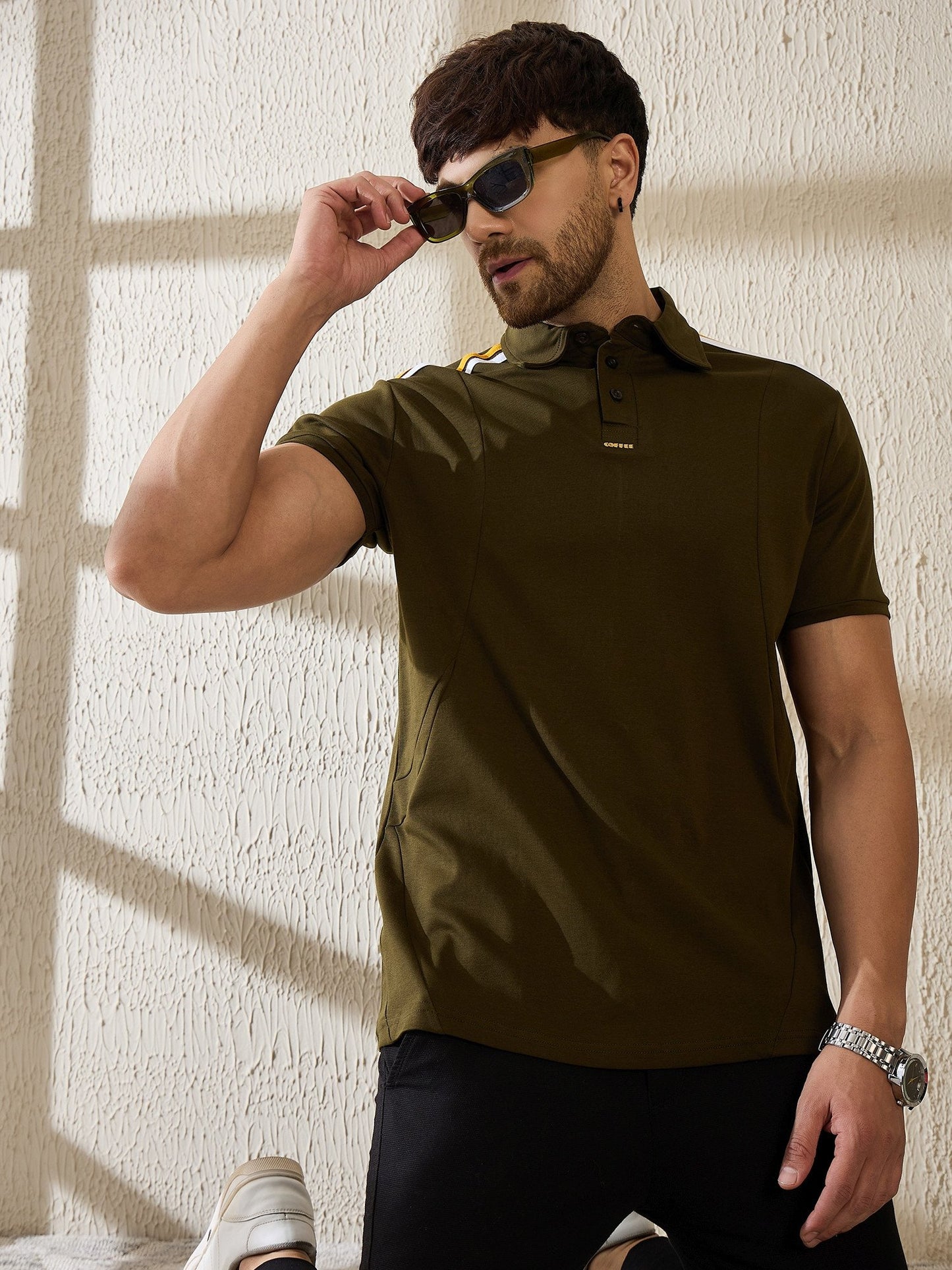 Premium Olive Polo with Contrast Shoulder Stripe – Sharp, Sporty & Brewed to Stand Out