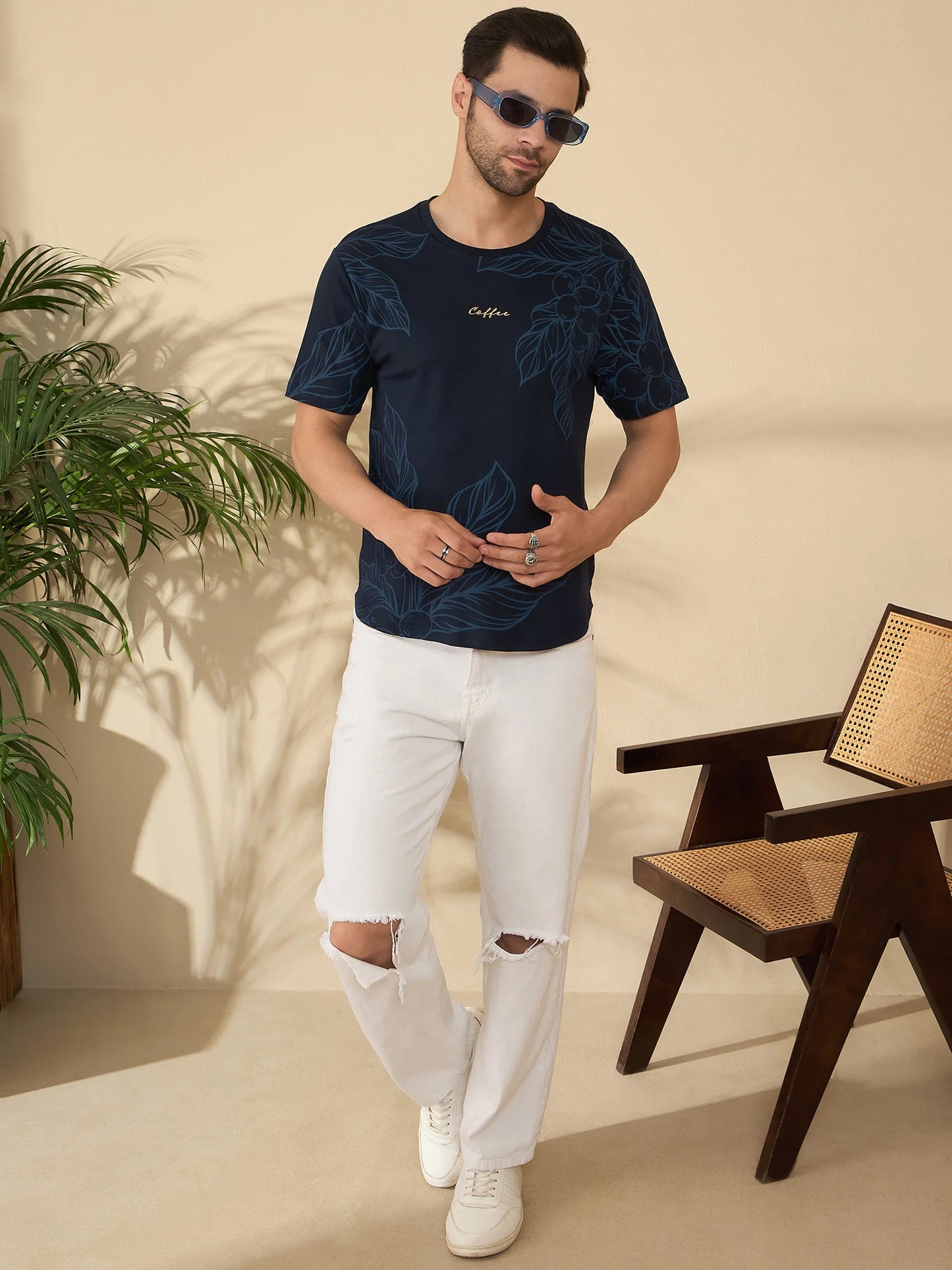 Premium Botanical Brew T-Shirt – Coffee Plant Art, Elevated Style (Navy)