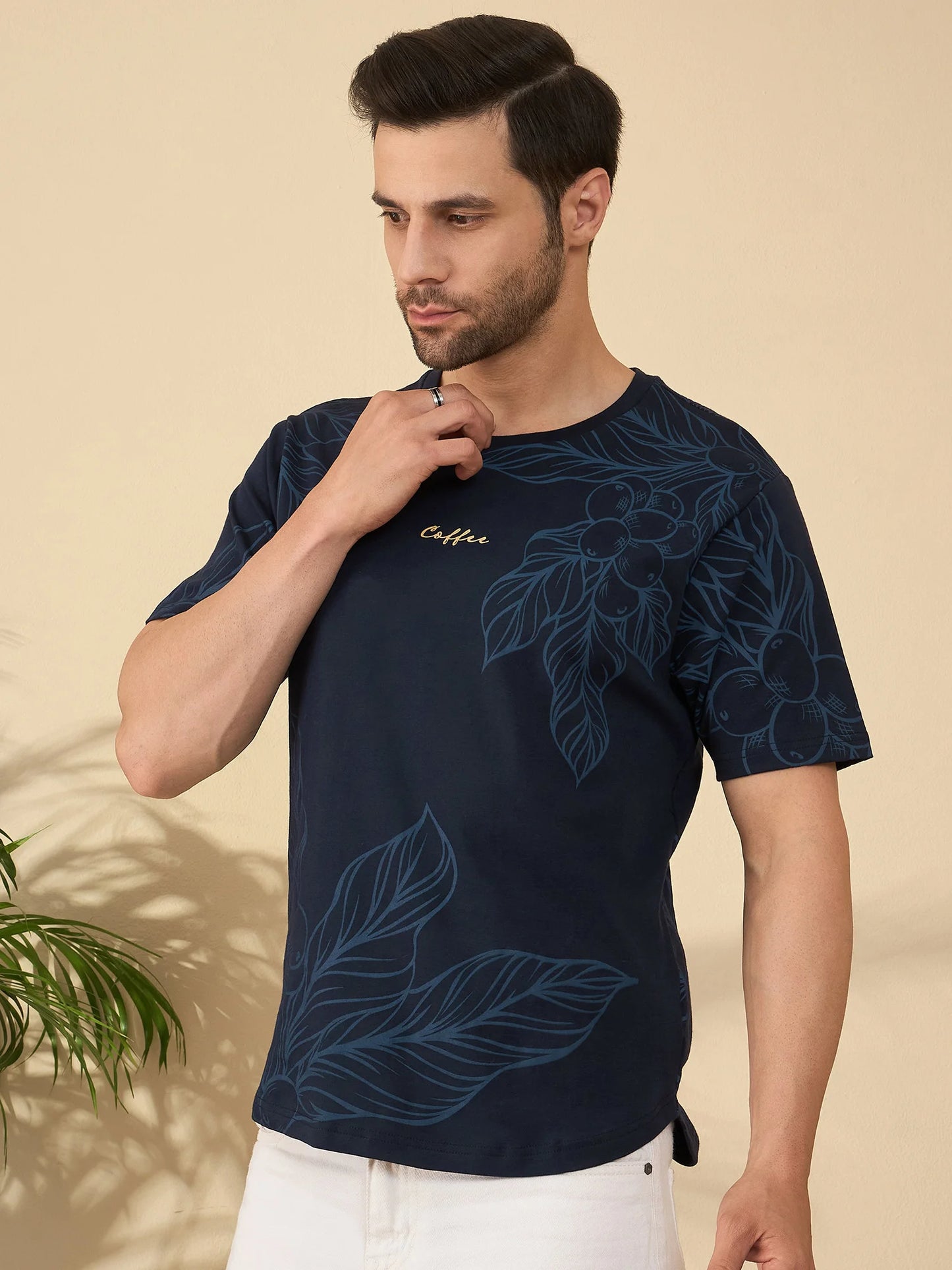 Premium Botanical Brew T-Shirt – Coffee Plant Art, Elevated Style (Navy)